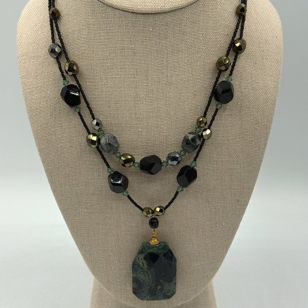 Essence Double Strand Necklace Black Green Beaded Stone Pendant Earthy Boho